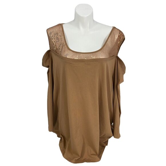 Denim 24/7 Top Womens 4x Brown Sequin Knit Shirt Cold Shoulder Office Casual - Picture 10 of 14